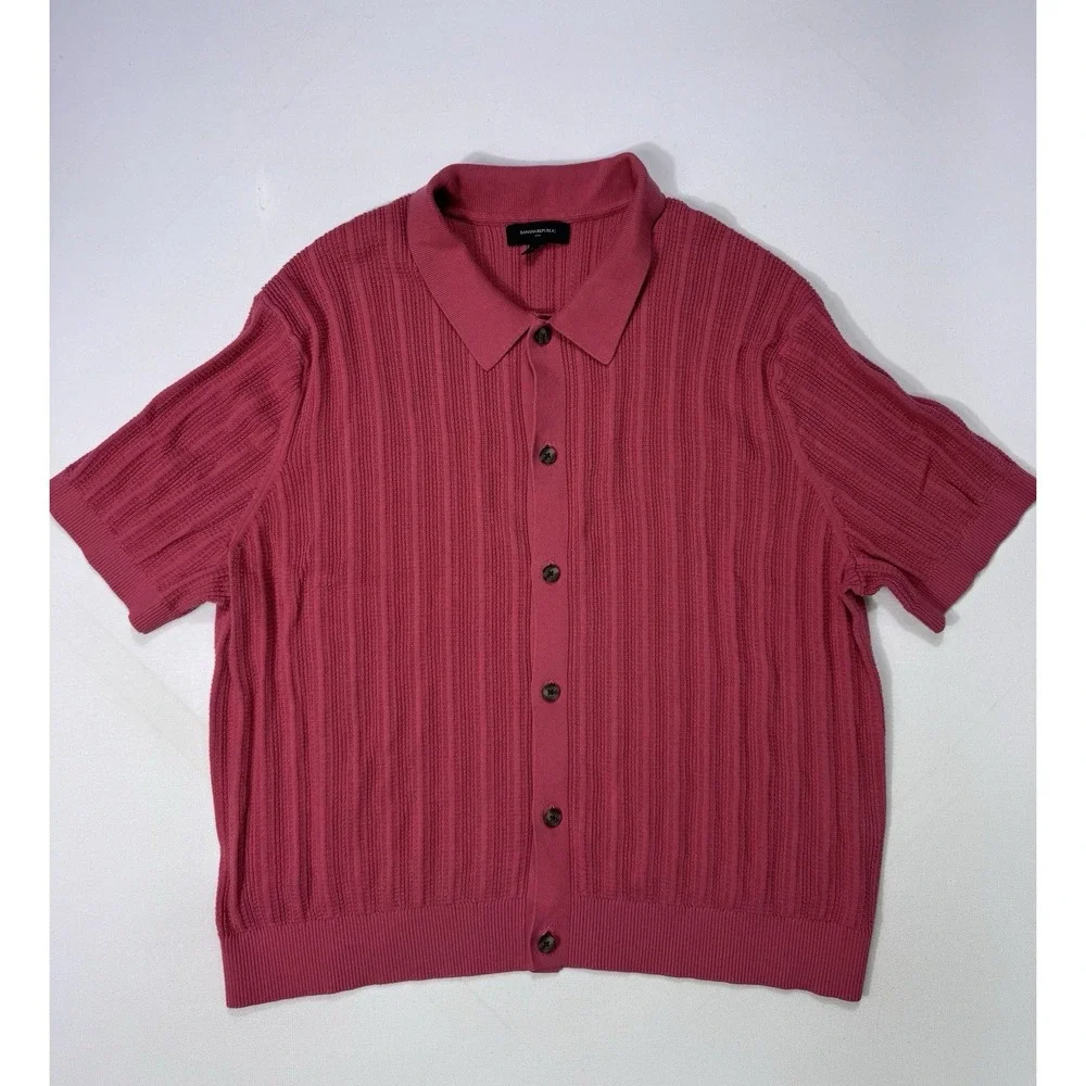 Banana Republic Men's 2XL Pink Short Sleeve Knit Button Shirt Preppy Coastal